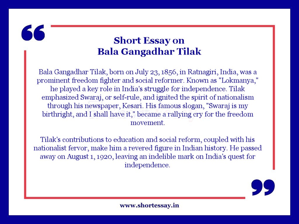 Short Essay on Bala Gangadhar Tilak in 100 Words